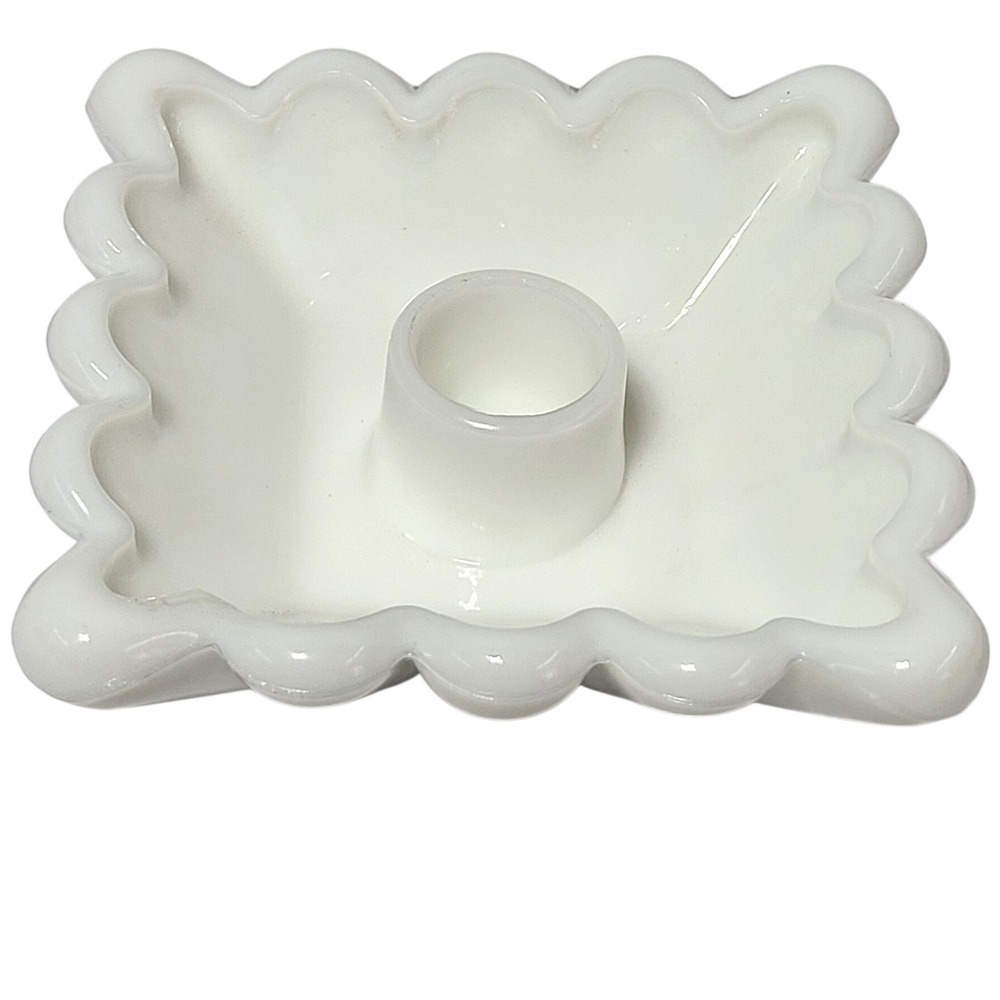 Vintage White Milk Glass Square Scalloped Ruffle Taper Candle Holder 4.5 inch